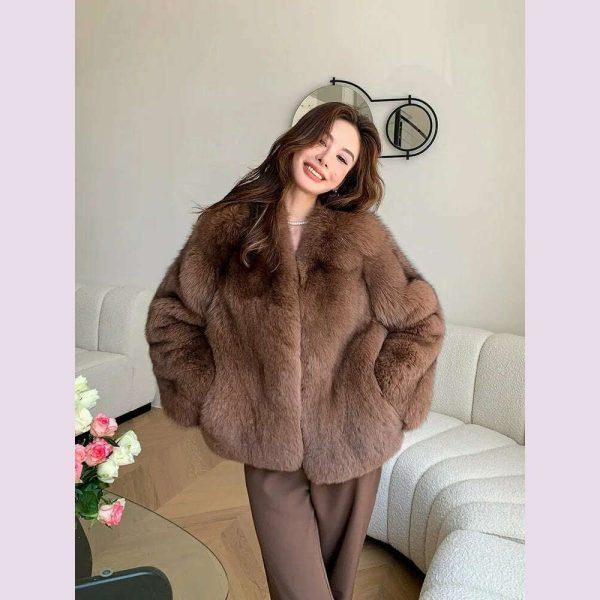 2024 Winter 100% Genuine Natural Whole Skin Fox Fur Coat For Women V-neck Jacket Luxury Outerwear High-end For Sale - Image 5